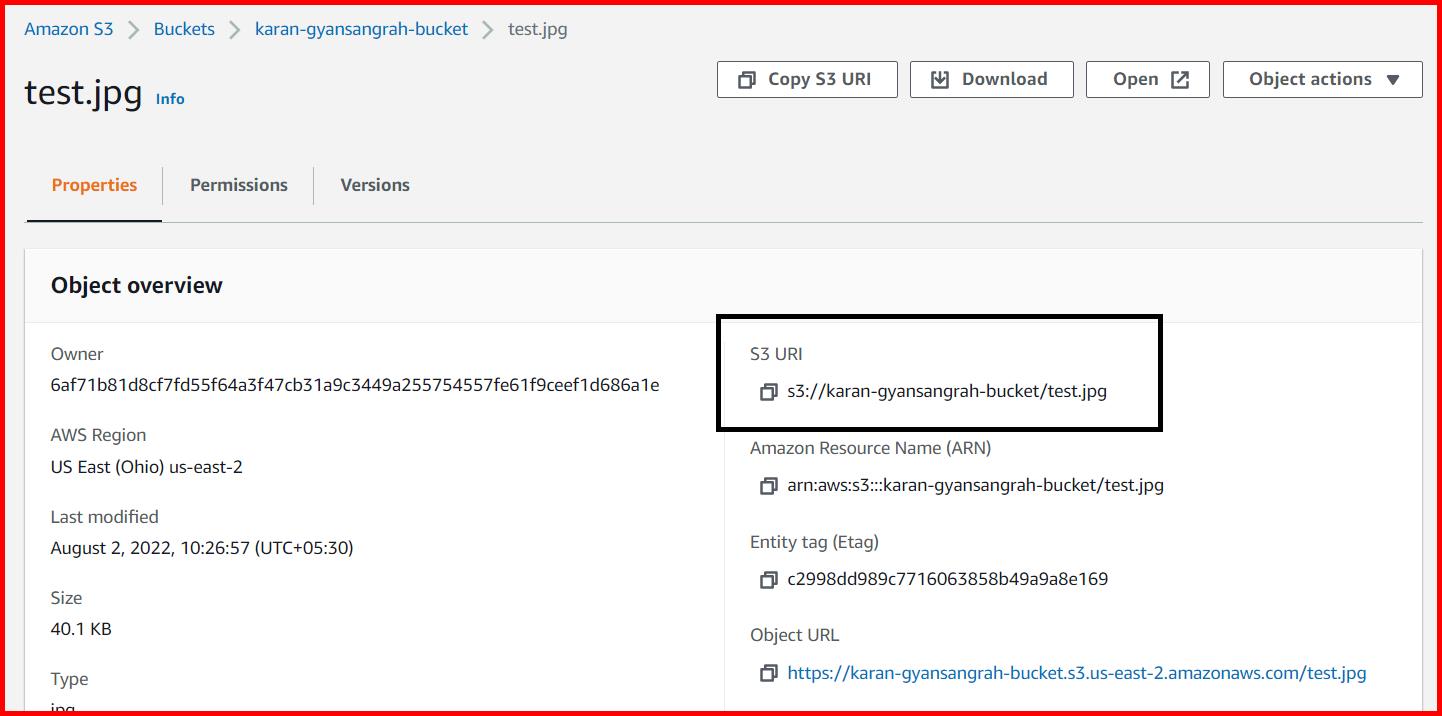 Picture showing the S3 URI of the object uploaded on S3 bucket
